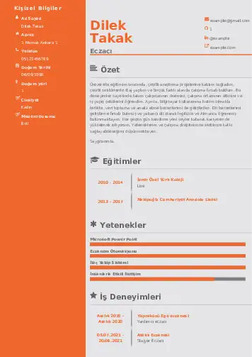 Eczacı CV Örnekleri cv indir